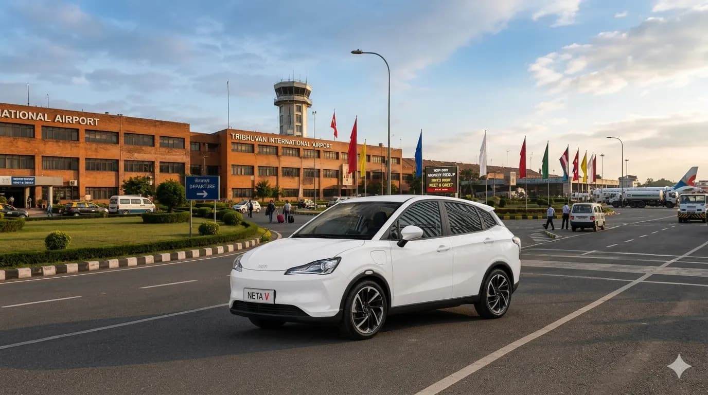Driver waiting at Tribhuvan International Airport with placard — GMS airport pickup