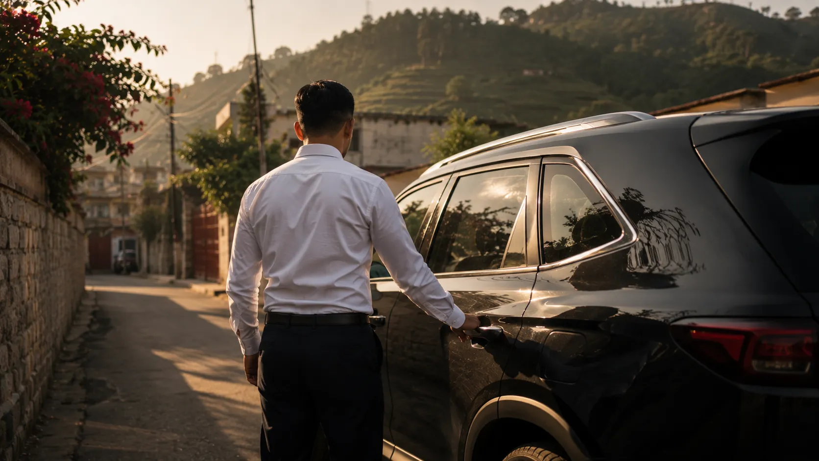 Professional driver in formal attire next to a clean SUV — GMS chauffeur service