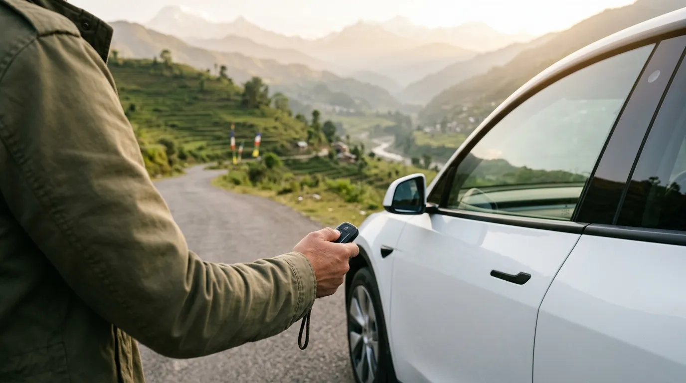Customer driving a rental car in Kathmandu — GMS Car Rental self-drive service