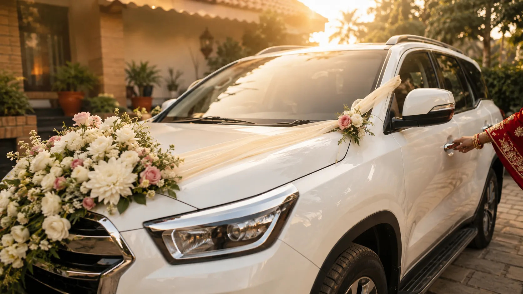 Decorated white SUV ready for a wedding ceremony. GMS wedding car rental